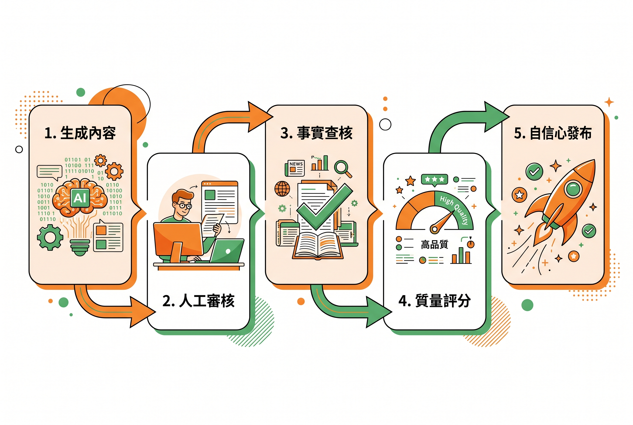 AI內容優化五步驟工作流程示意圖