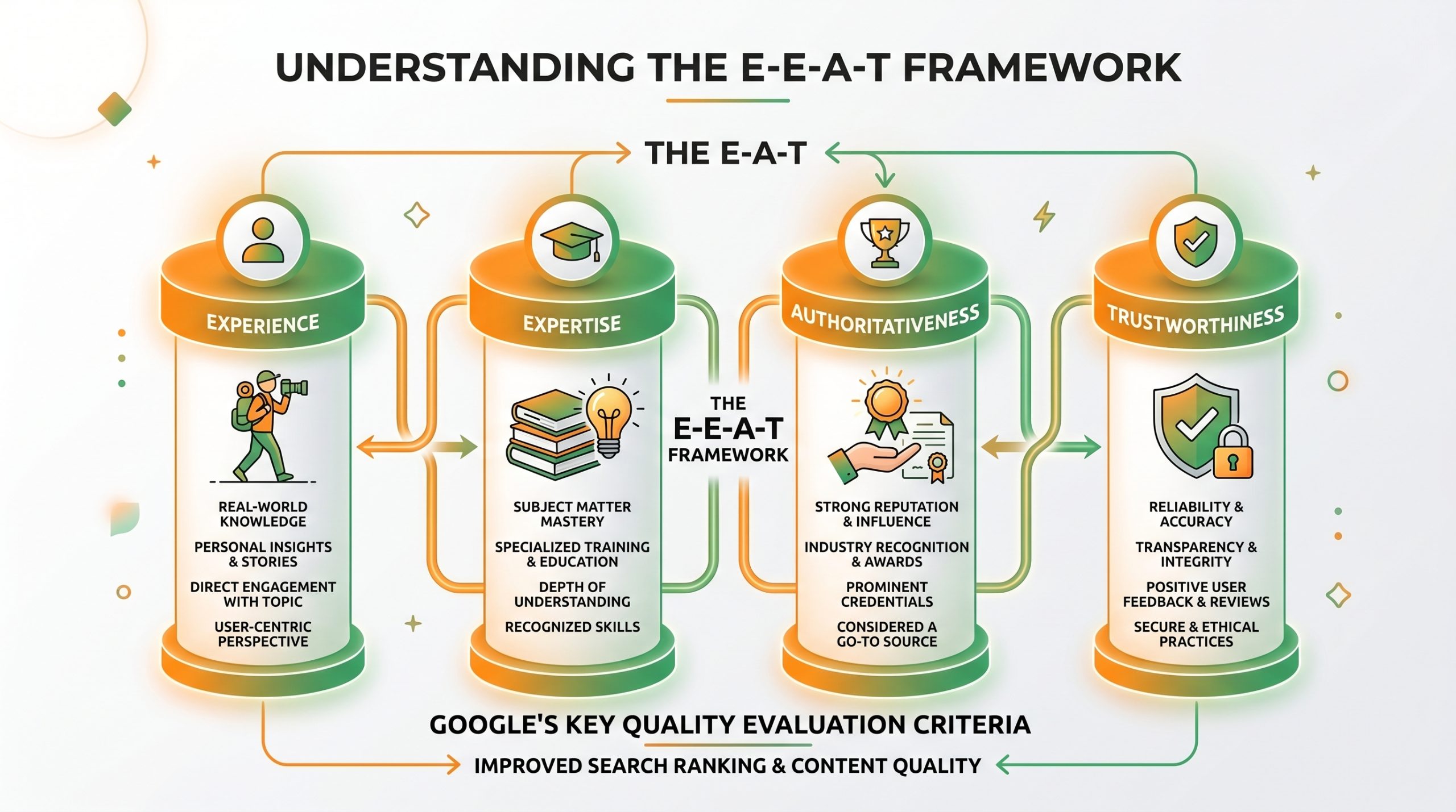 Google EEAT內容品質評估框架示意圖，包含經驗Experience、專業Expertise、權威Authoritativeness、可信Trustworthiness四大支柱