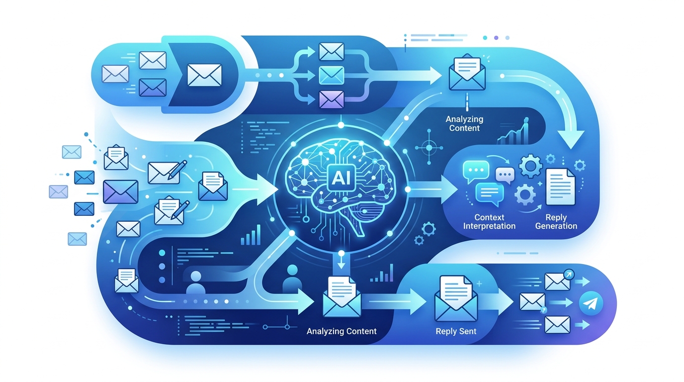 AI 智能郵件回覆系統示意圖，展示自動生成個人化回覆的工作流程