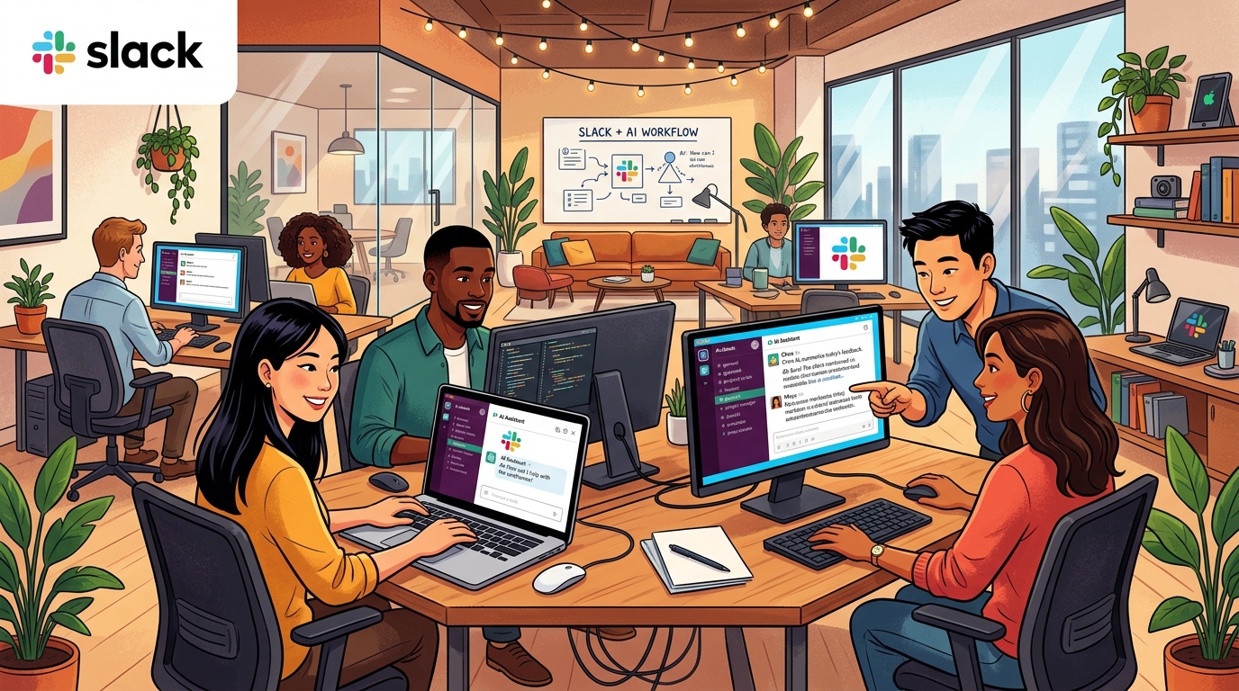 團隊成員使用 Slack 和 AI 助理協作的場景