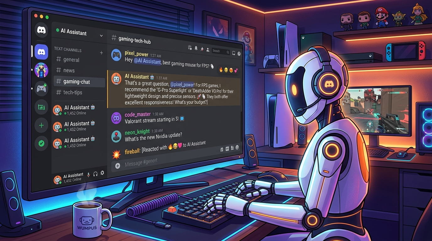 AI 機器人在 Discord 社群中與用戶互動的場景