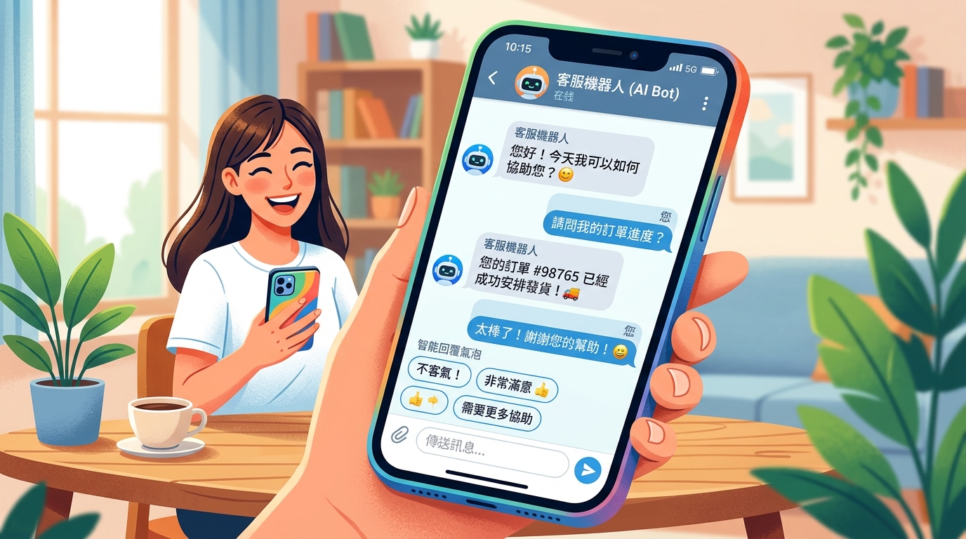 AI 客服機器人在手機螢幕上與用戶對話的場景