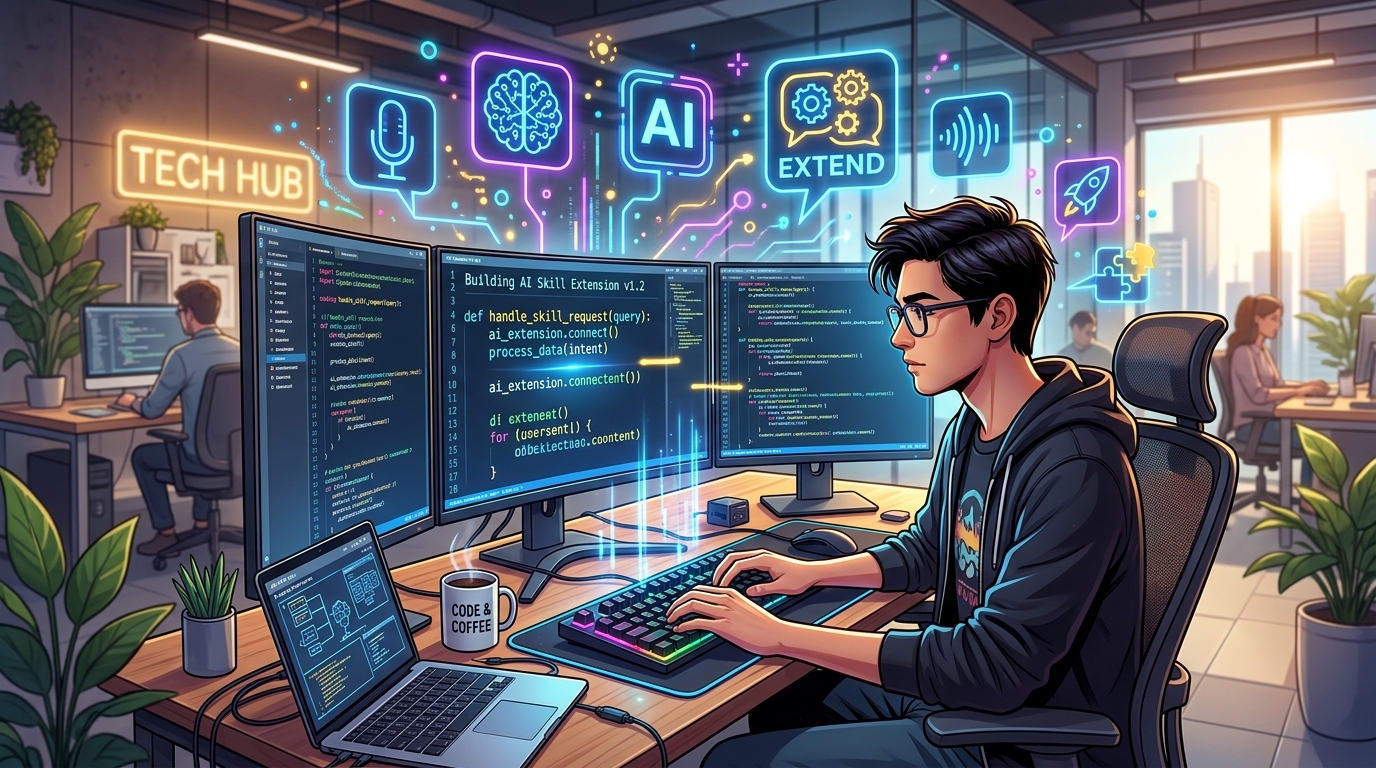 開發者在電腦前編寫 AI 技能擴展功能的場景