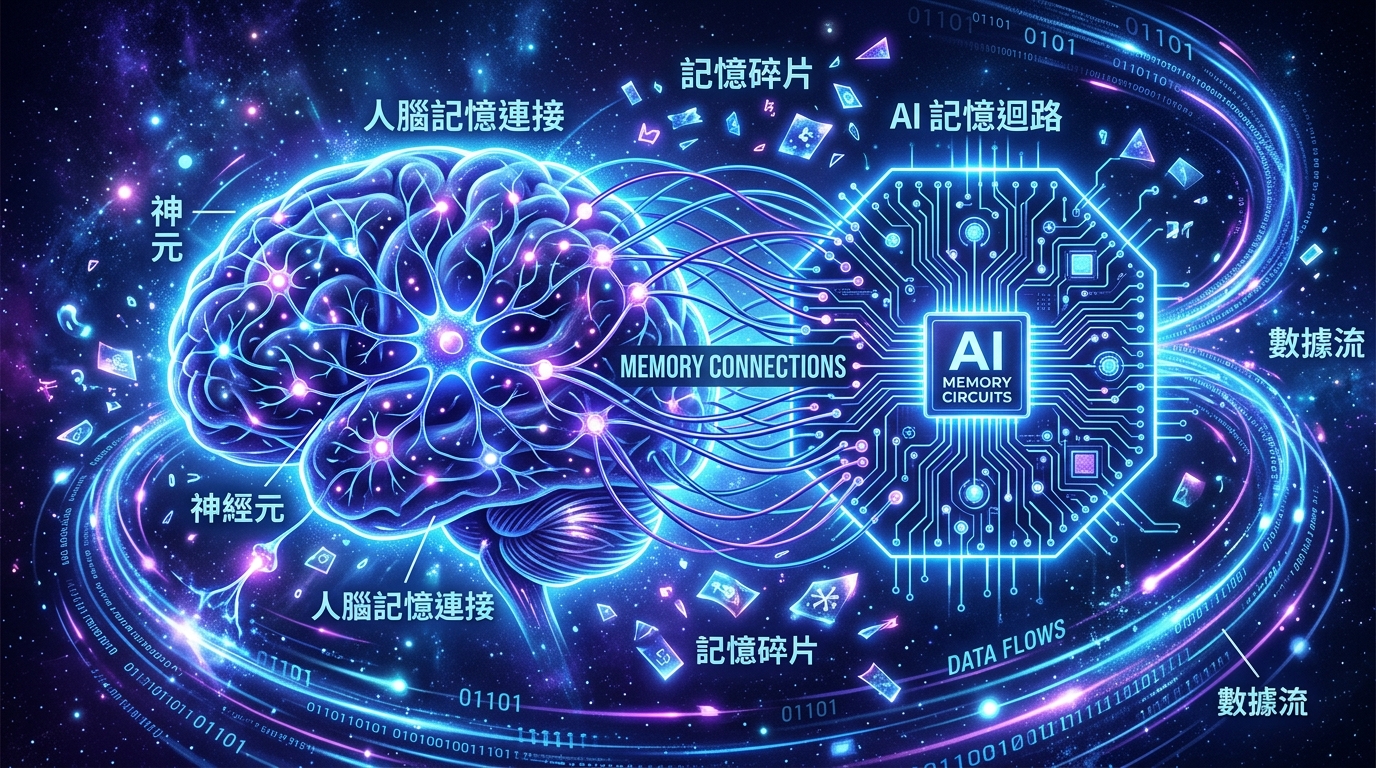 AI 記憶迴路與人腦記憶連接的抽象插畫