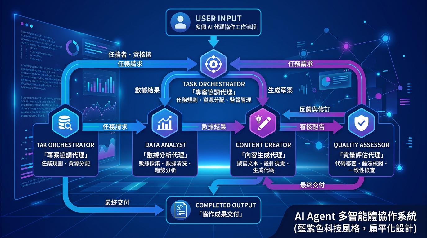 多個 AI 代理協作的工作流程概念圖