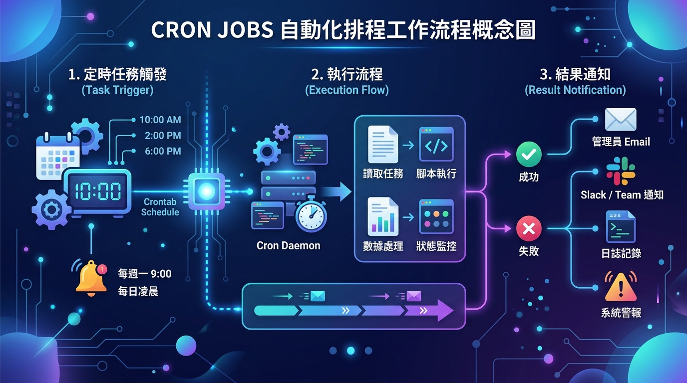 Cron Jobs 自動化排程工作流程概念圖