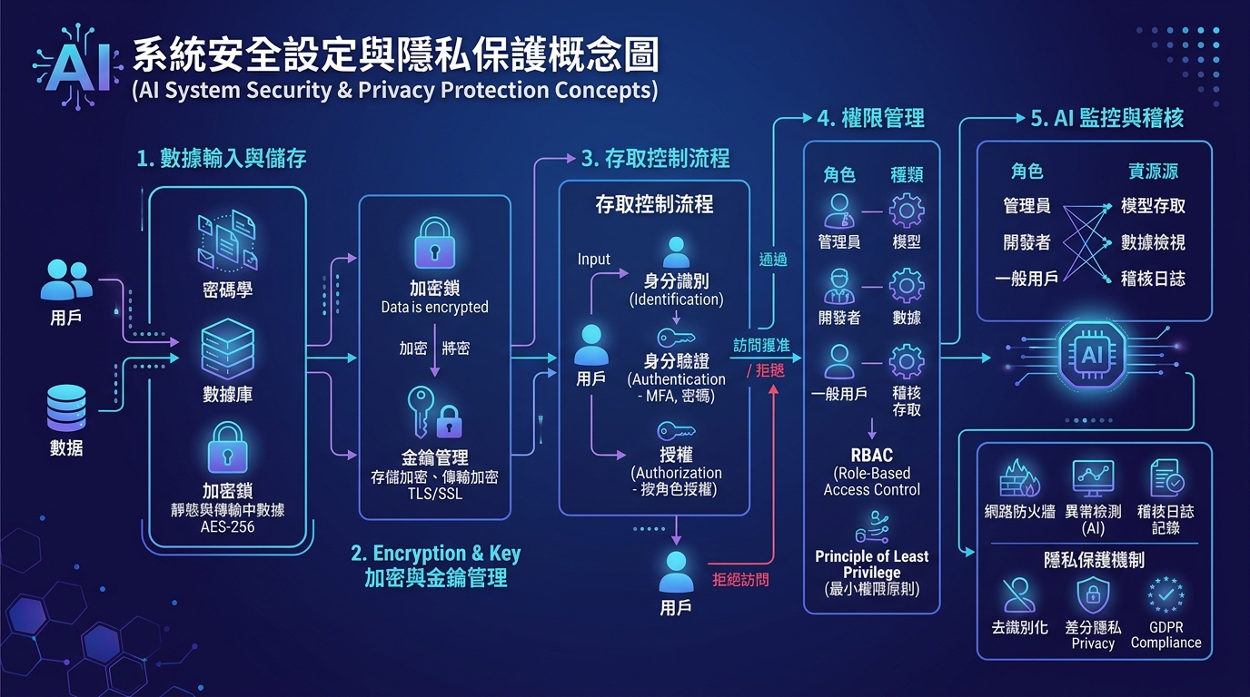 AI 系統安全設定與隱私保護概念圖