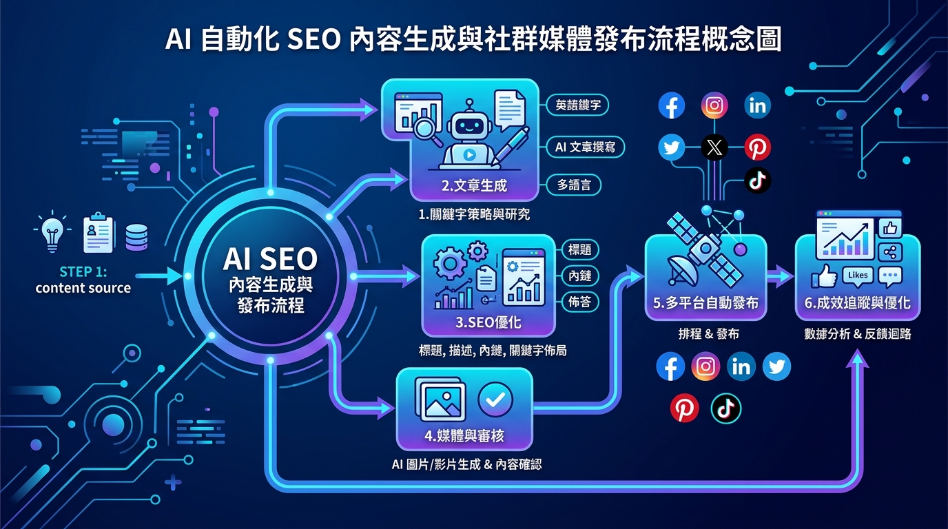 AI 自動化 SEO 內容生成與社群媒體發布流程概念圖