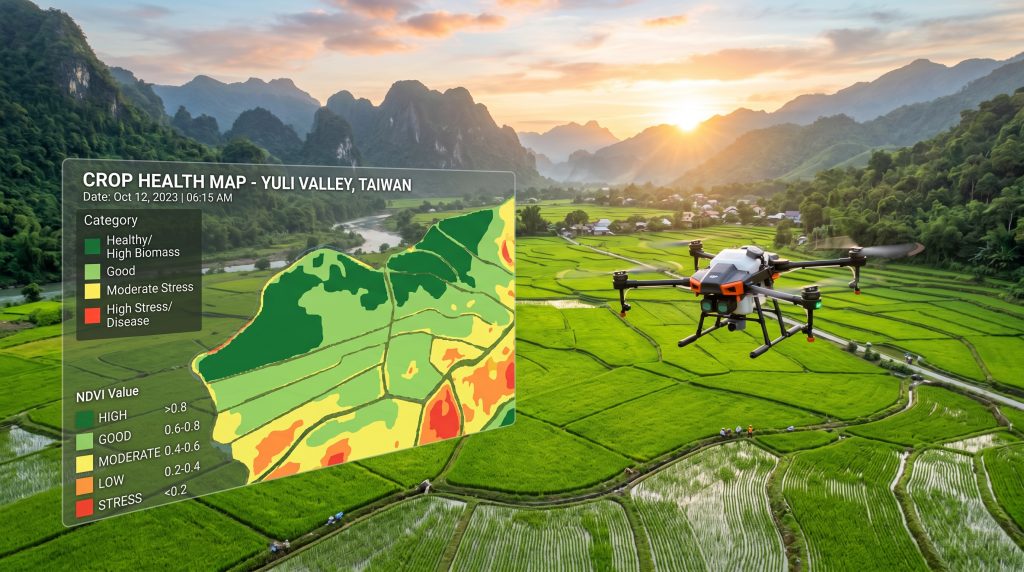 農業無人機在台灣稻田上空進行多光譜作物監測