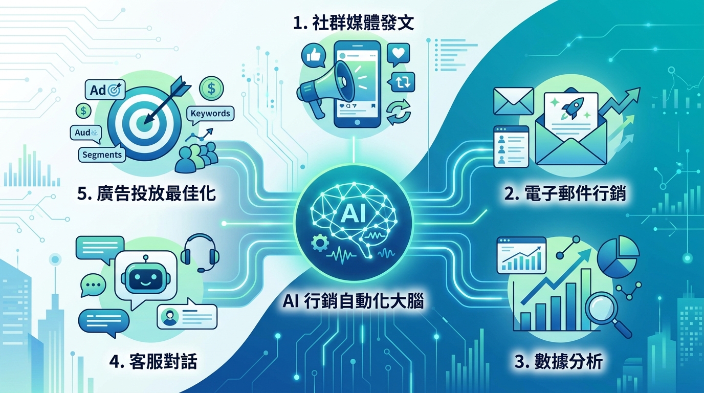 AI 行銷自動化五大應用場景，包含社群發文、電子郵件行銷、數據分析、客服對話與廣告投放