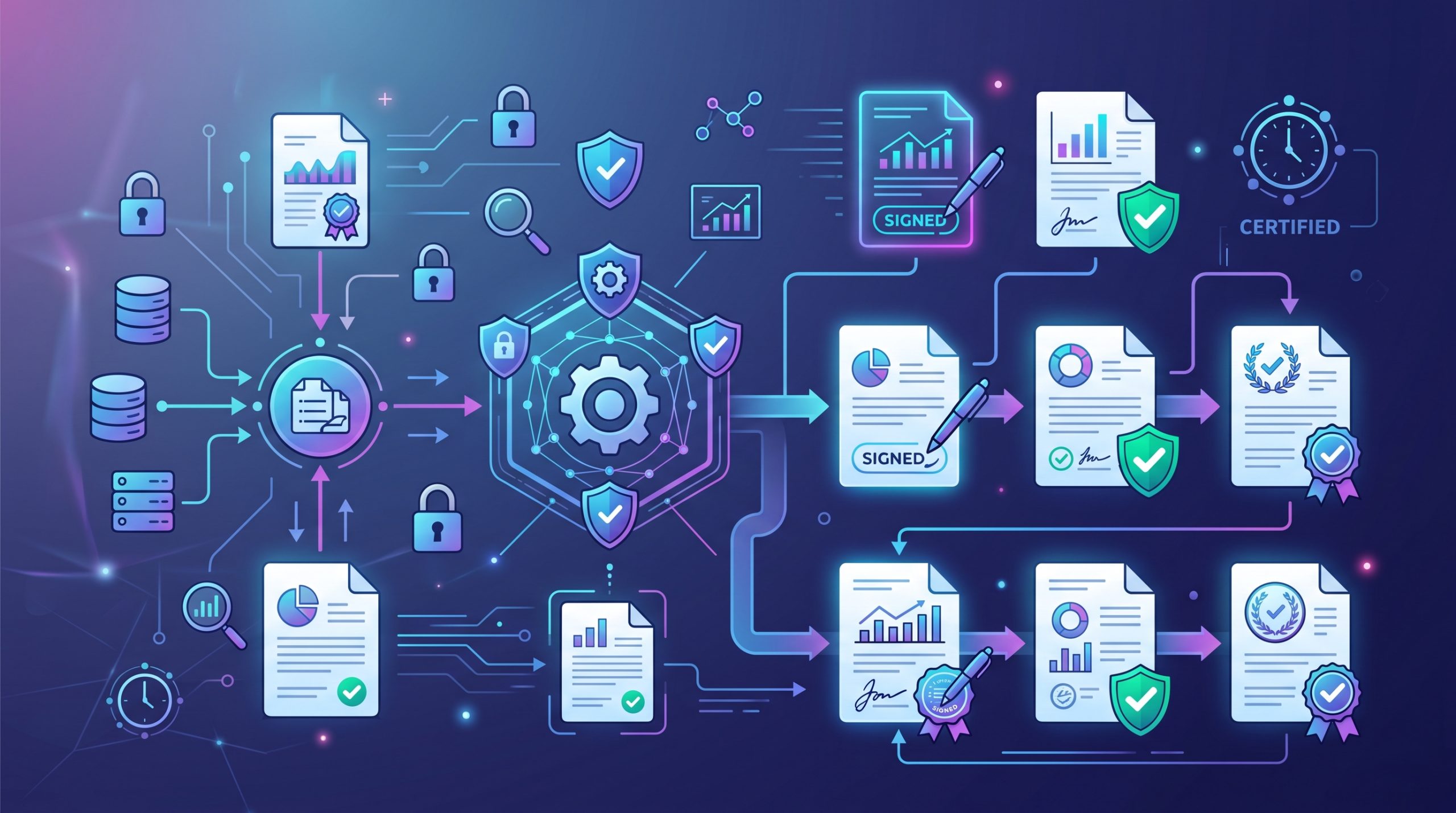 OpenClaw 自動合規報告生成示意圖，顯示文件處理與安全認證流程
