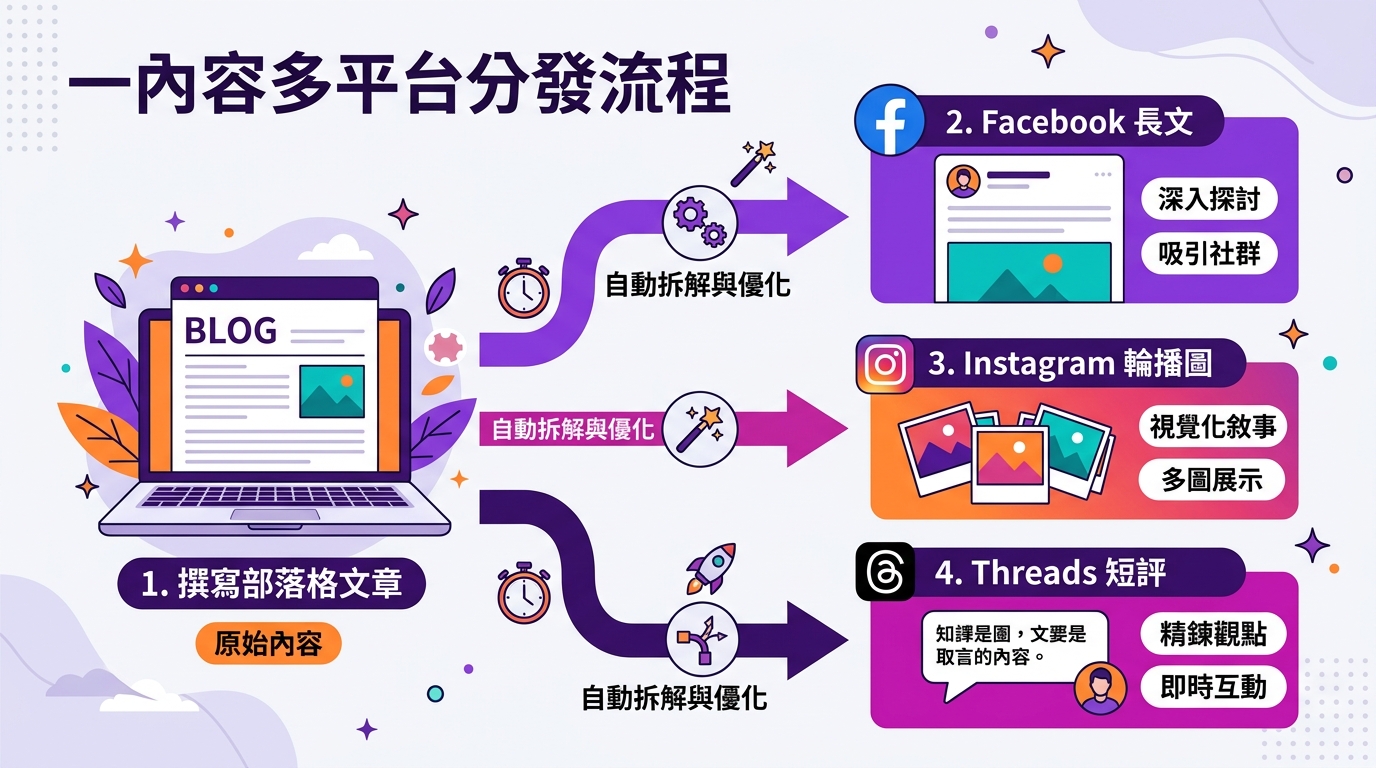 內容再利用流程圖，顯示部落格文章自動拆解成多平台素材的視覺化流程