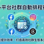 多平台社群自動排程系統概念圖，展示 Facebook、Instagram、Threads 三平台連接到中央自動化日曆排程系統，包含自動化齒輪和流程線條，現代扁平設計風格