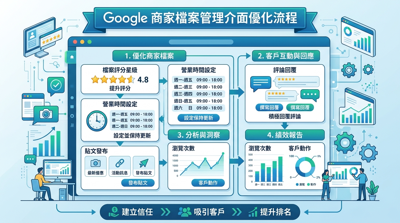 Google 商家檔案管理介面優化流程，展示評分星級、評論回覆、營業時間設定等儀表板視覺化