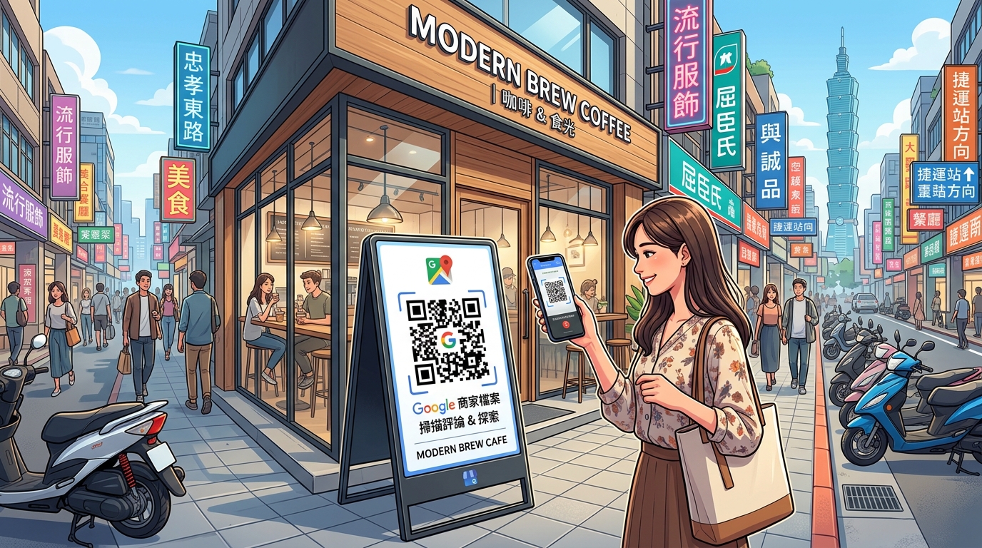 台灣商家使用數位工具優化本地搜尋能見度，顧客掃描 Google 商家檔案 QR code
