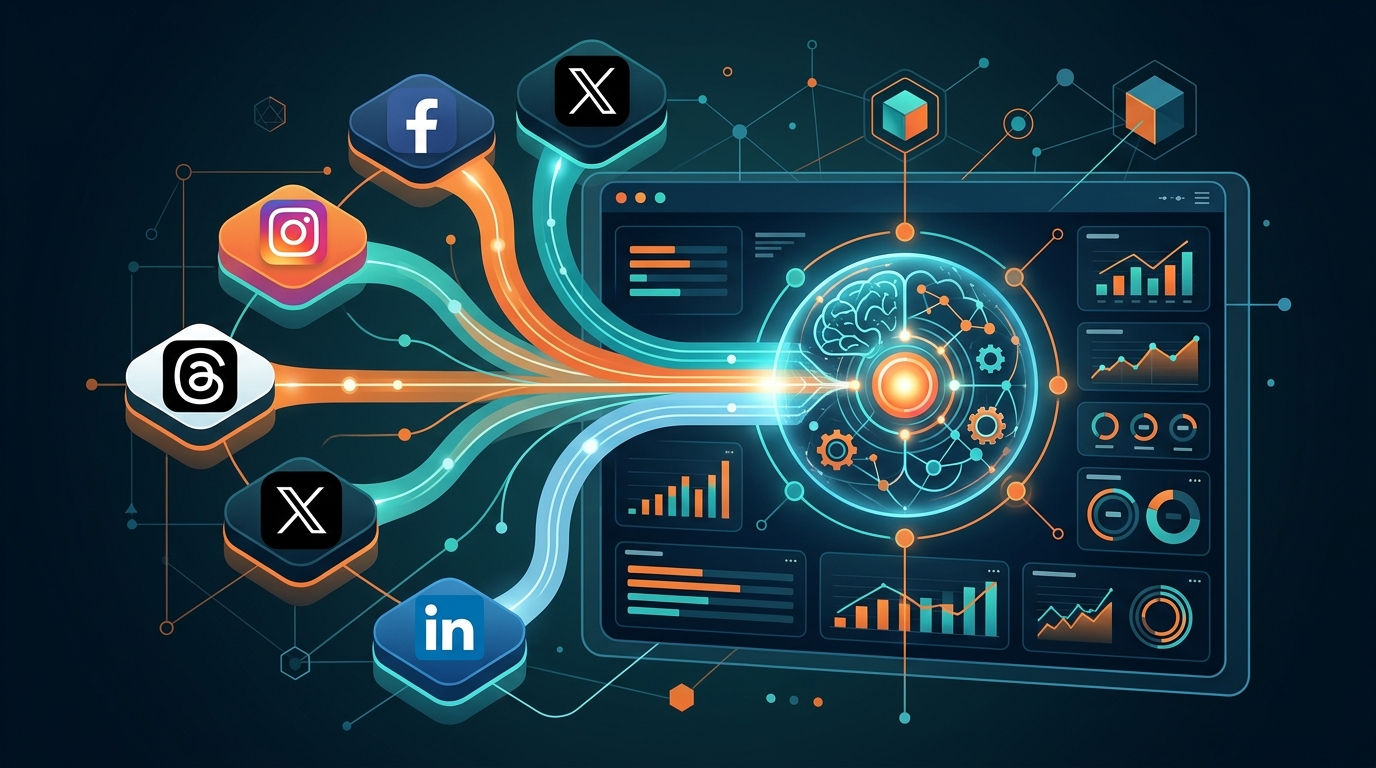 多平台行銷通路整合示意圖，Facebook、Instagram、Threads、X、LinkedIn 連接中央 AI 中樞