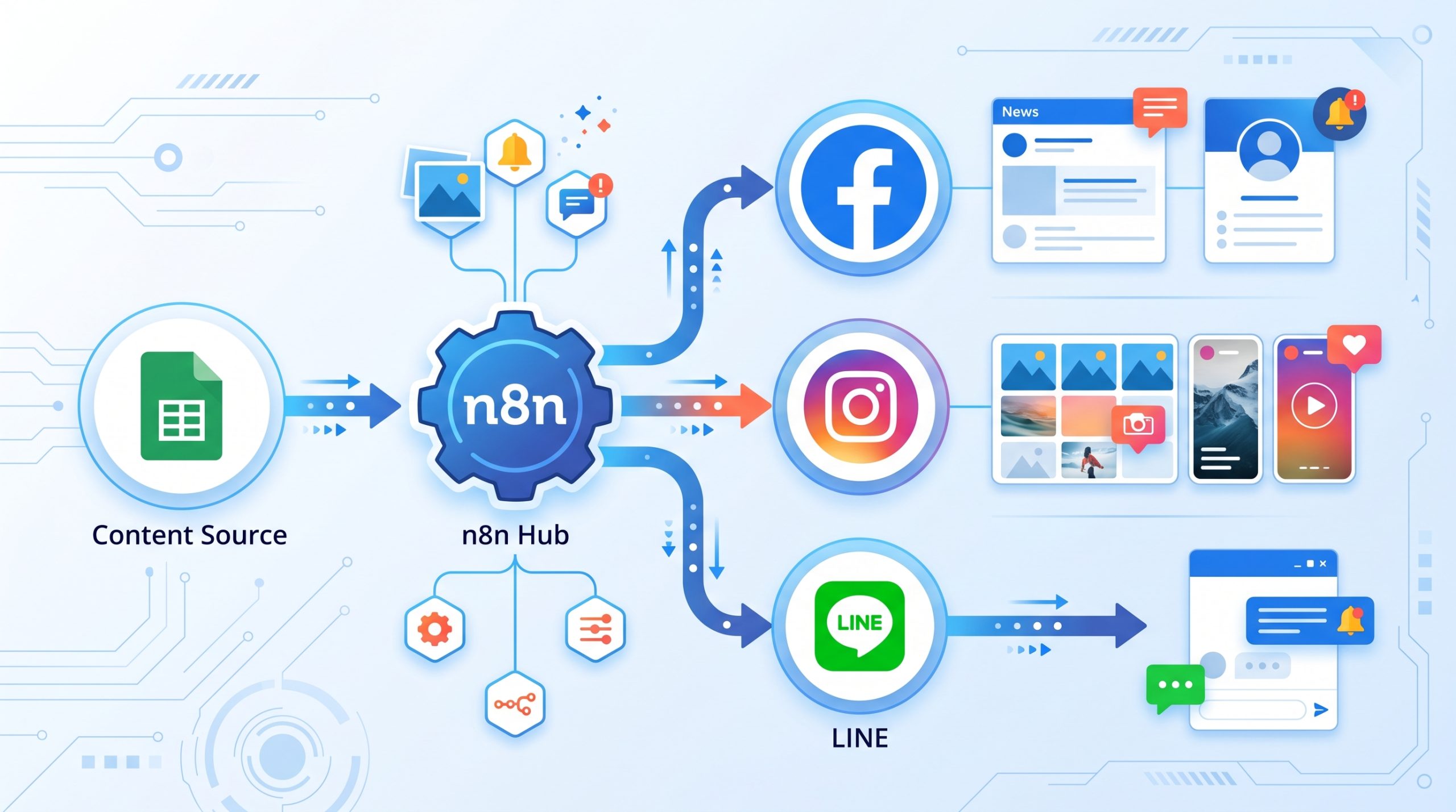 n8n 社群自動化工作流架構圖，展示從內容來源到多平台分發的完整流程