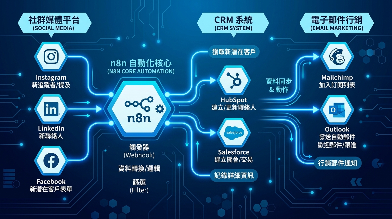 n8n 自動化工作流程示意圖，串接社群平台、CRM 系統與電子郵件行銷