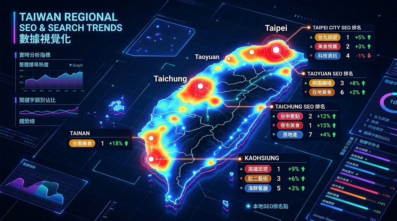 台灣地圖本地SEO關鍵字排名視覺化，標示台北台中高雄等城市搜尋熱度與排名趨勢