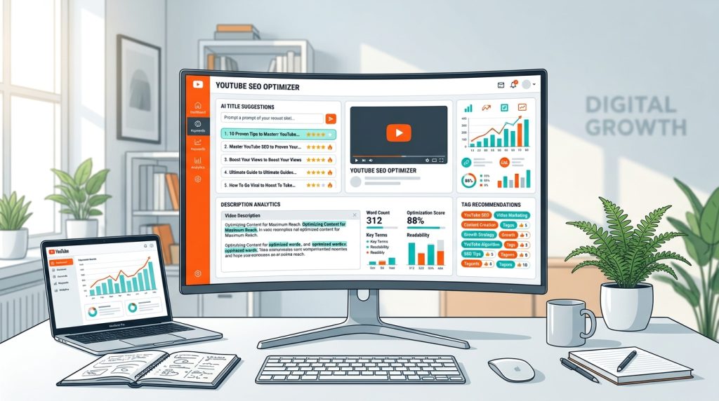 YouTube SEO 自動化工具介面，AI 優化影片標題與描述