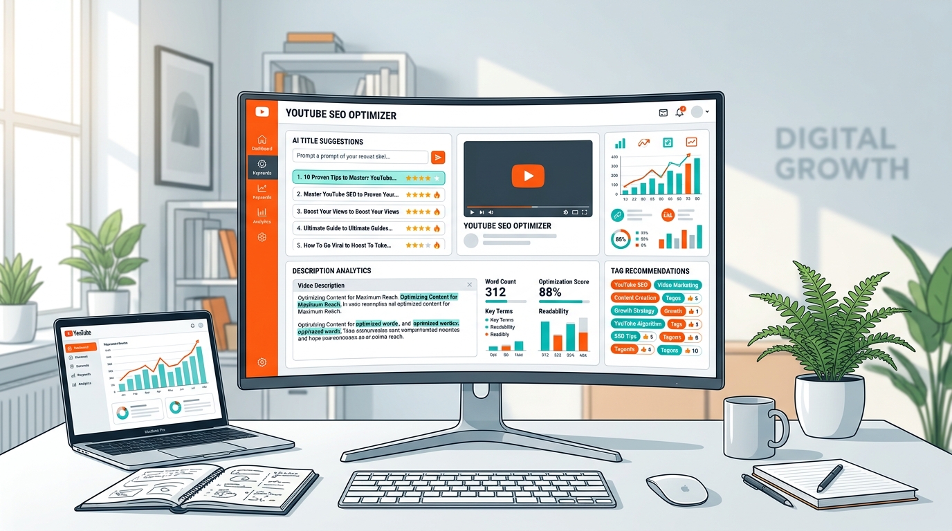 YouTube SEO 自動化工具介面，AI 優化影片標題與描述