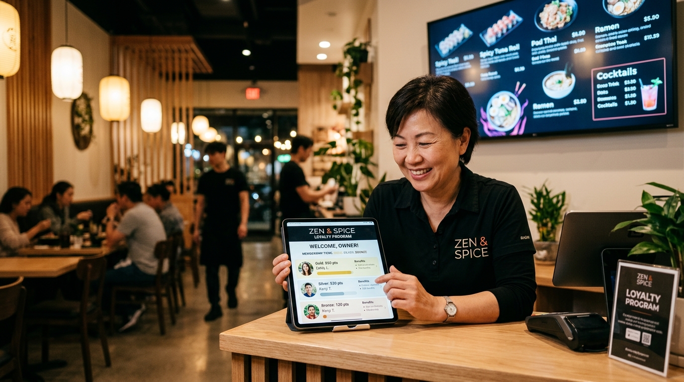餐廳業者使用平板查看自動化報表，會員忠誠計畫介面顯示會員等級與數位菜單看板