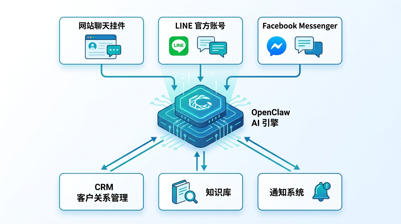 AI 客服多渠道部署架構示意圖，展示官網、LINE、FB Messenger 串接到 OpenClaw AI 引擎與後端系統