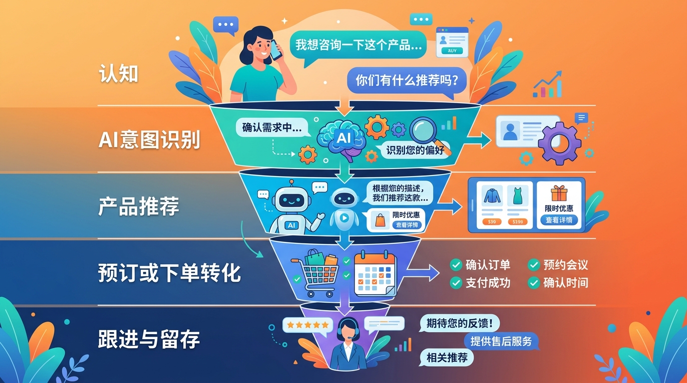 對話式商務轉化漏斗示意圖，從顧客提問、AI 判斷意圖、推薦商品到完成預約或訂單