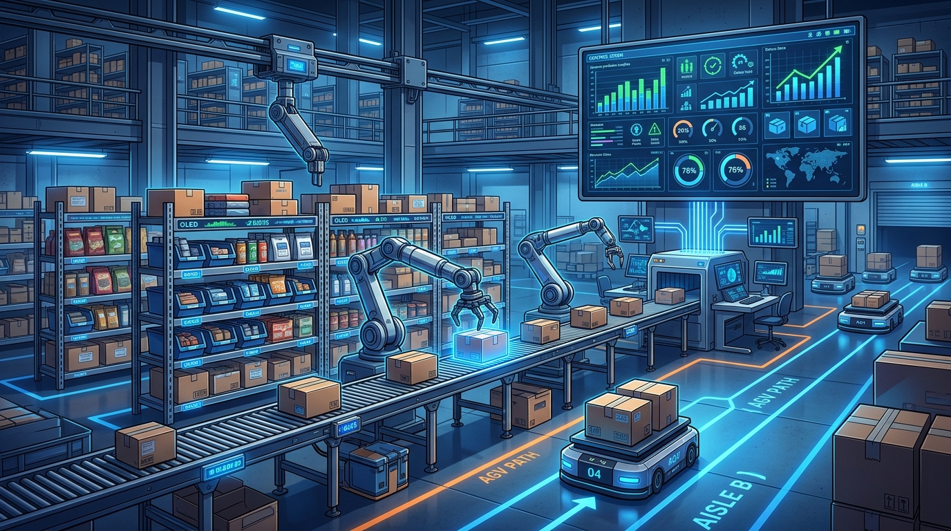 AI 預測性庫存管理系統示意圖，展示智慧倉儲與即時數據分析