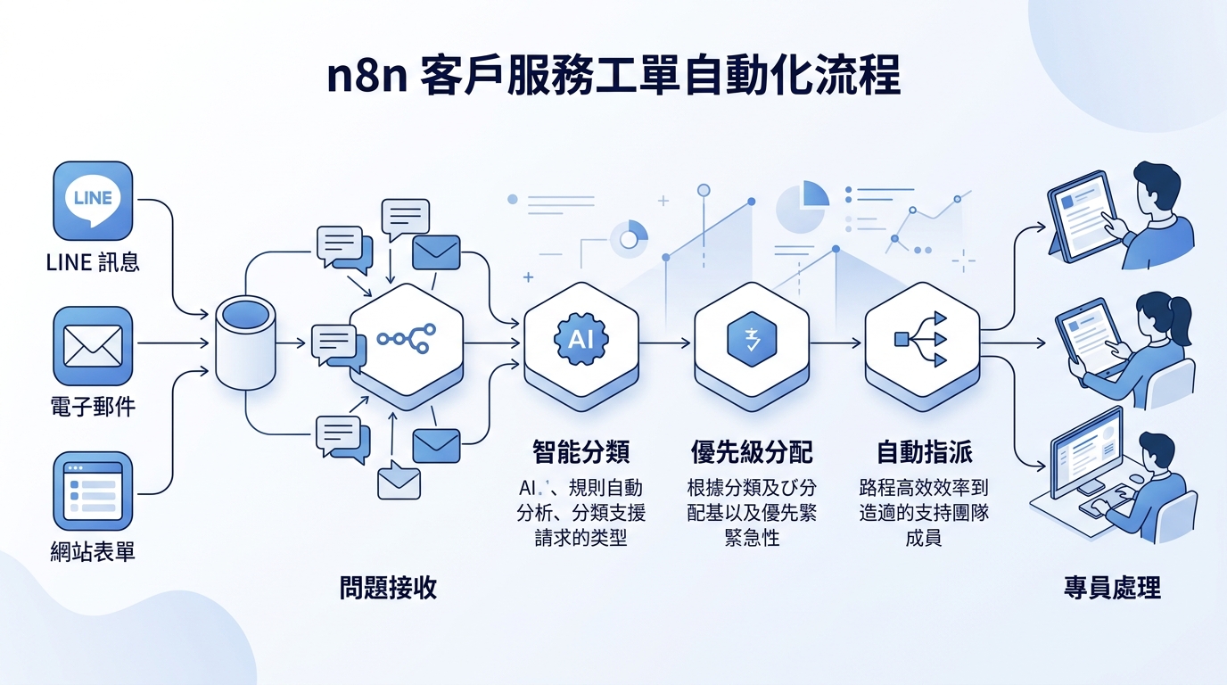 n8n 自動化客服工單封面圖，展示從多渠道問題接收到自動指派的全流程