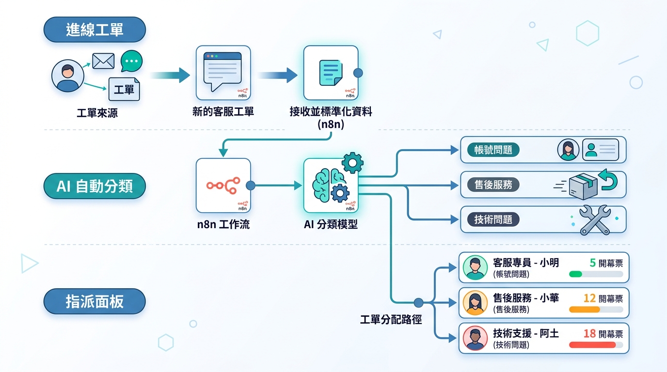 n8n 客服工單智能分類與自動指派示意圖，展示 AI 分類與專員負載分配