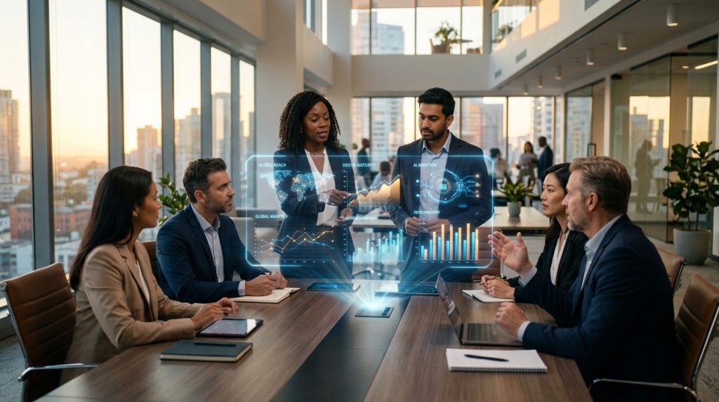 現代企業辦公室中，團隊圍繞全息 AI 分析儀表板討論數位轉型策略