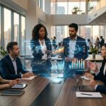 現代企業辦公室中，團隊圍繞全息 AI 分析儀表板討論數位轉型策略