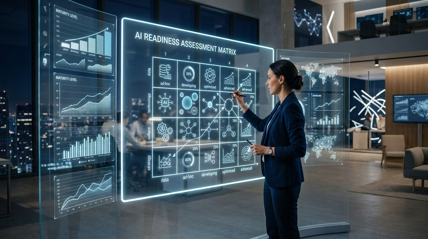 企業團隊在數位白板前進行 AI 轉型評估，檢視技術成熟度與資料準備度