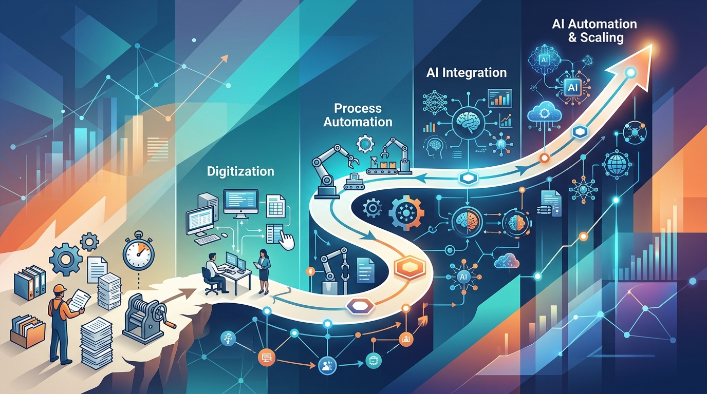 企業 AI 轉型路線圖，顯示從評估、POC 到規模化的關鍵里程碑