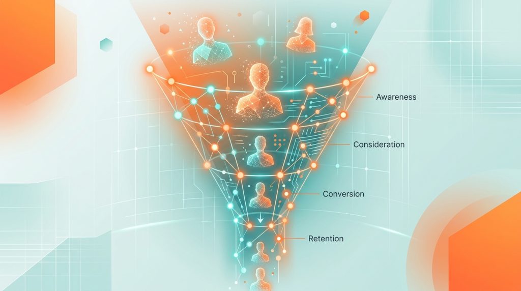 AI 行銷漏斗自動化示意圖，展示從流量獲取到付費轉換的完整無人化流程