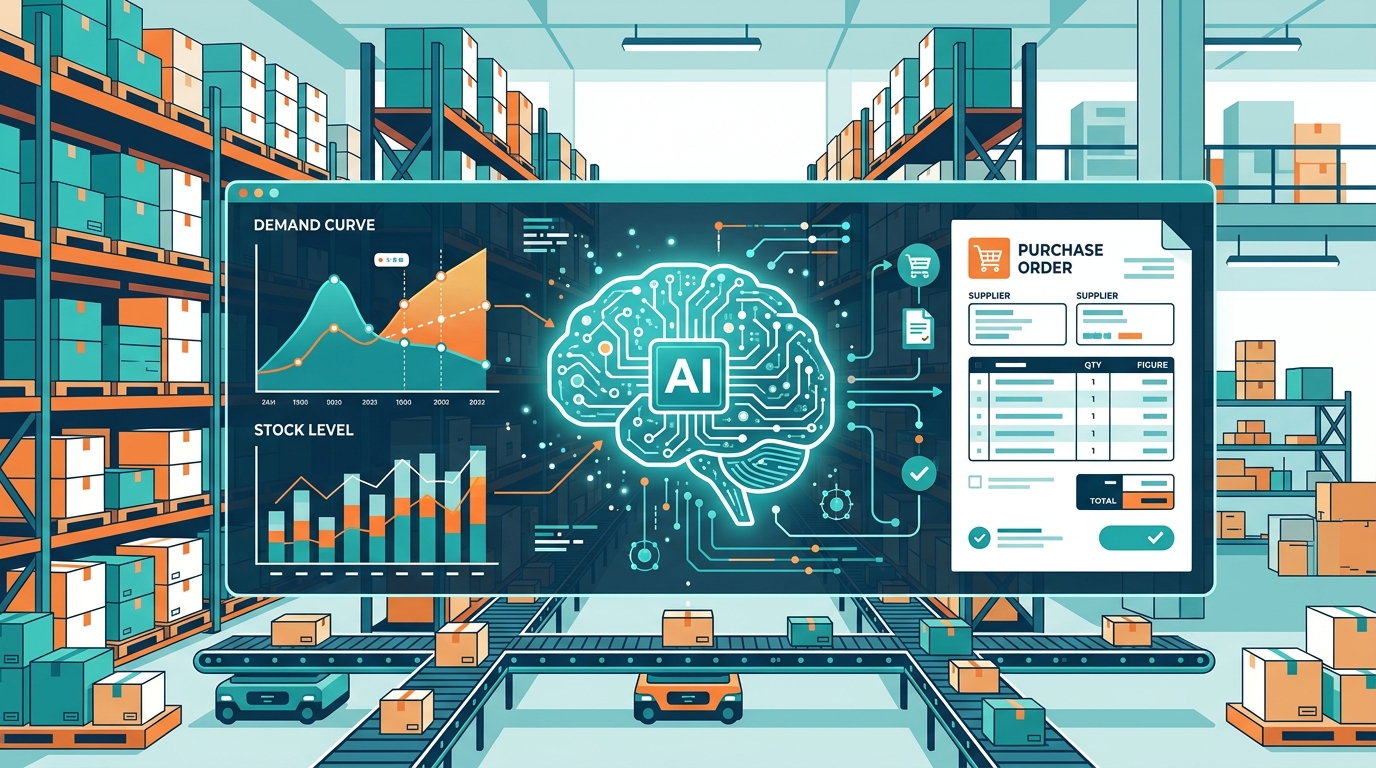 AI 預測庫存需求並自動產生採購單示意圖