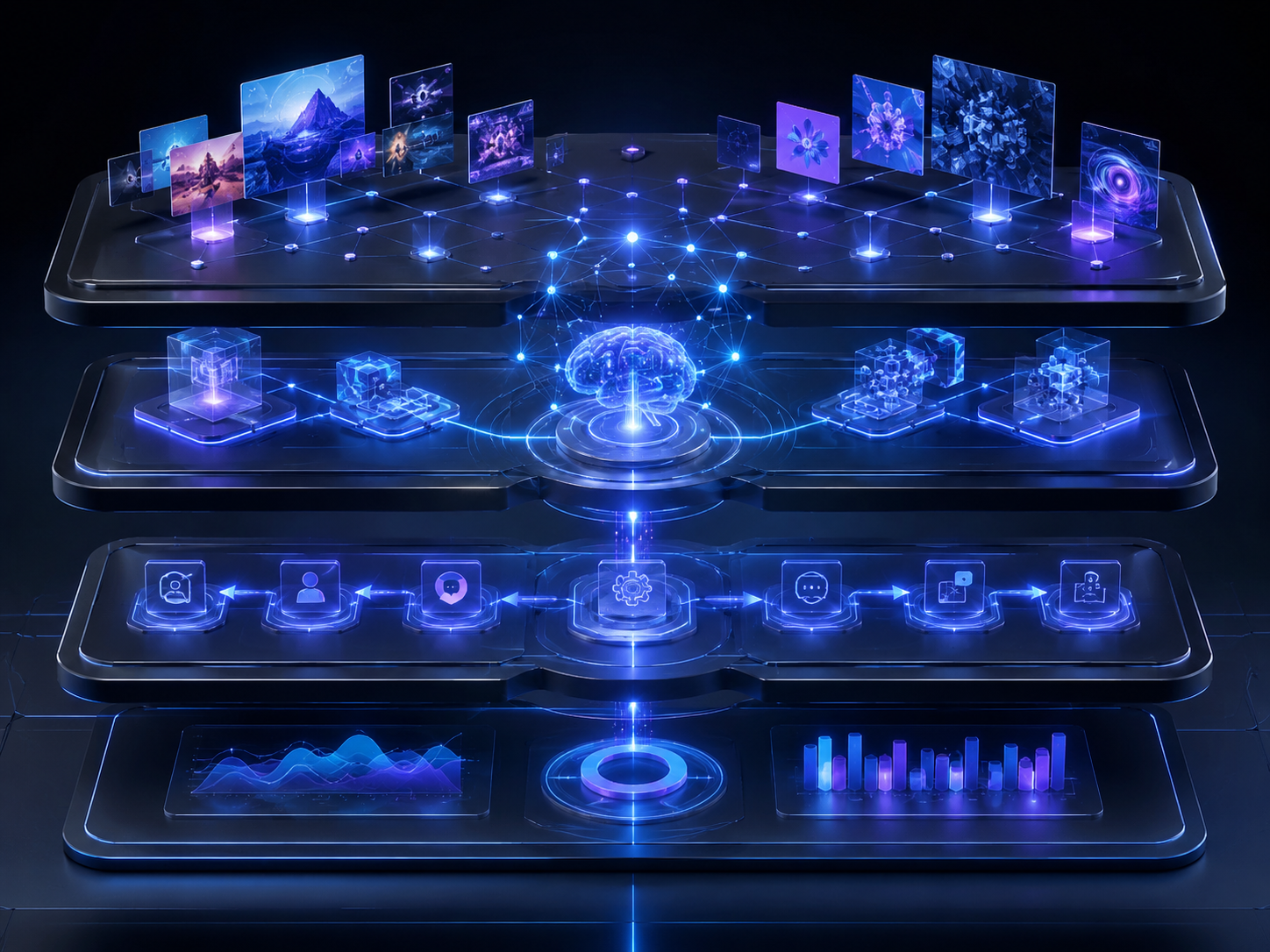 AI 社群自動化四層架構圖，包含內容策略層、AI 生成層、審核排程層與數據回饋層