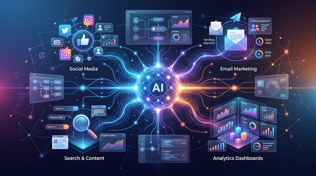 AI 自動化行銷概念圖：神經網路連結各種行銷渠道