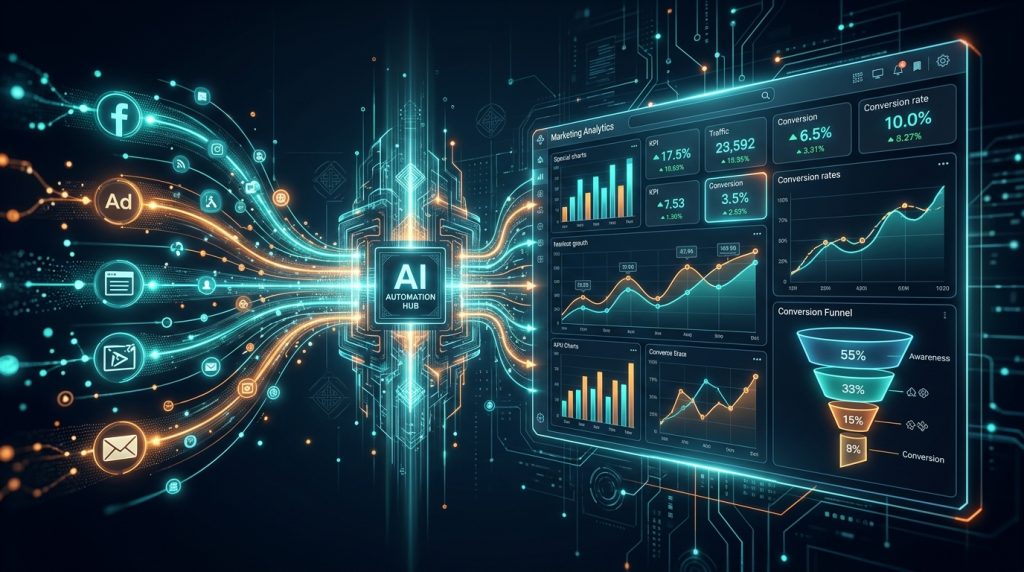 AI 行銷儀表板自動化概念圖，數據流整合自動化流程