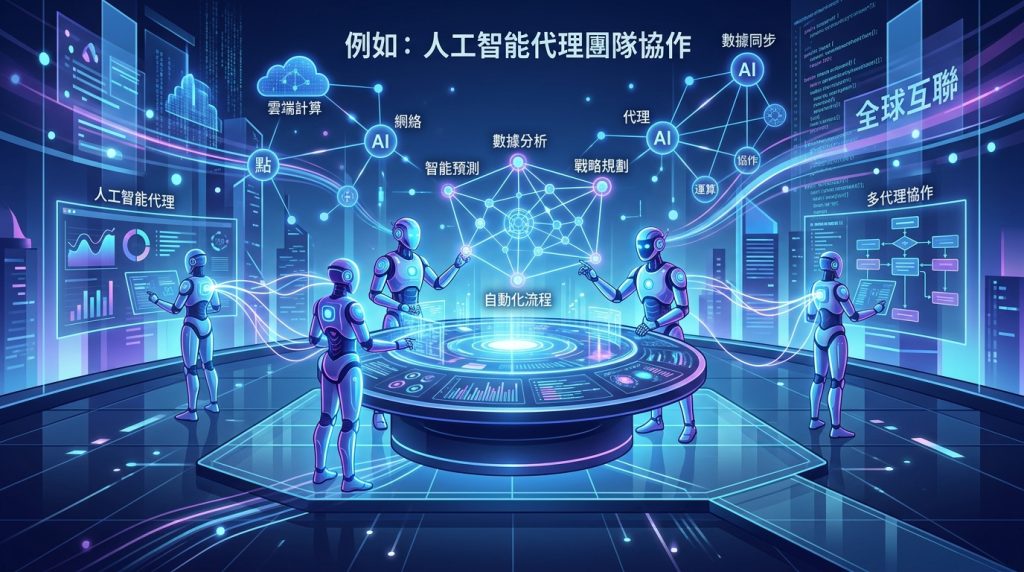 OpenClaw 多 Agent 協作系統示意圖，展示多個 AI 代理人協同工作的未來辦公場景