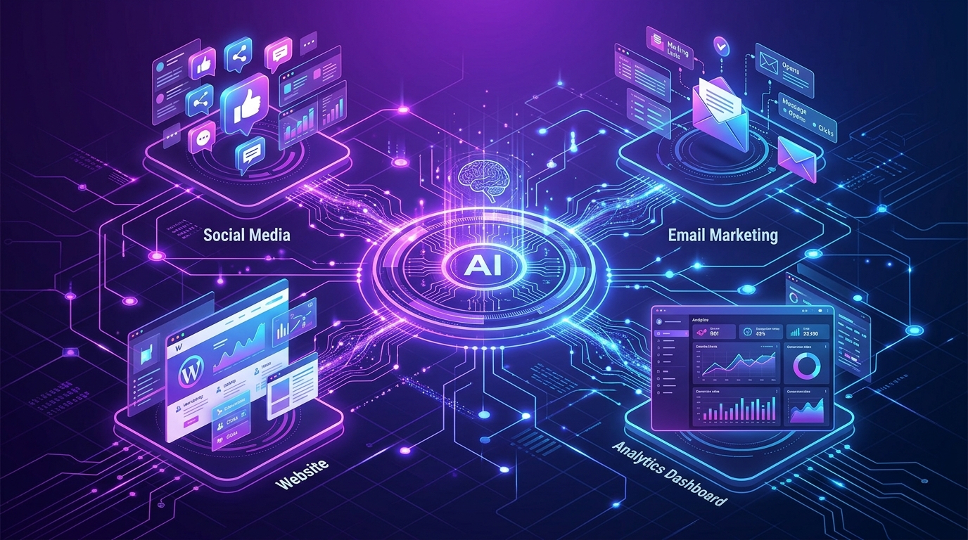 AI 行銷自動化系統連接多平台視覺化圖